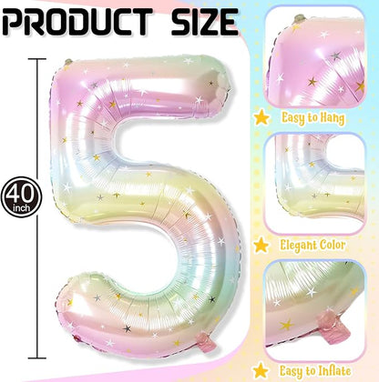 Big Number 5 Balloons, Rainbow Foil 5 Balloon Numbers 40 Inch, Giant 5th - Image 2