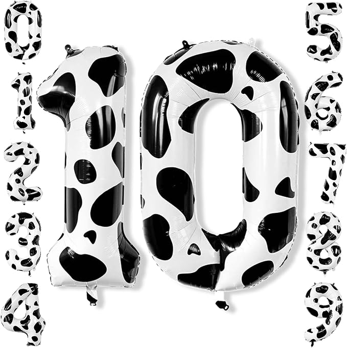 40 Inch Cow Print Number 10 Balloon, Large Black & White Mylar Foil Number by Unknown