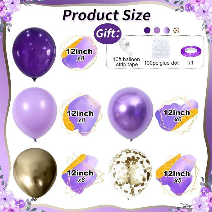 Purple and Gold Balloons, 12 Inch 35PCS Dark Pastel Purple Lavender Balloons - Image 2