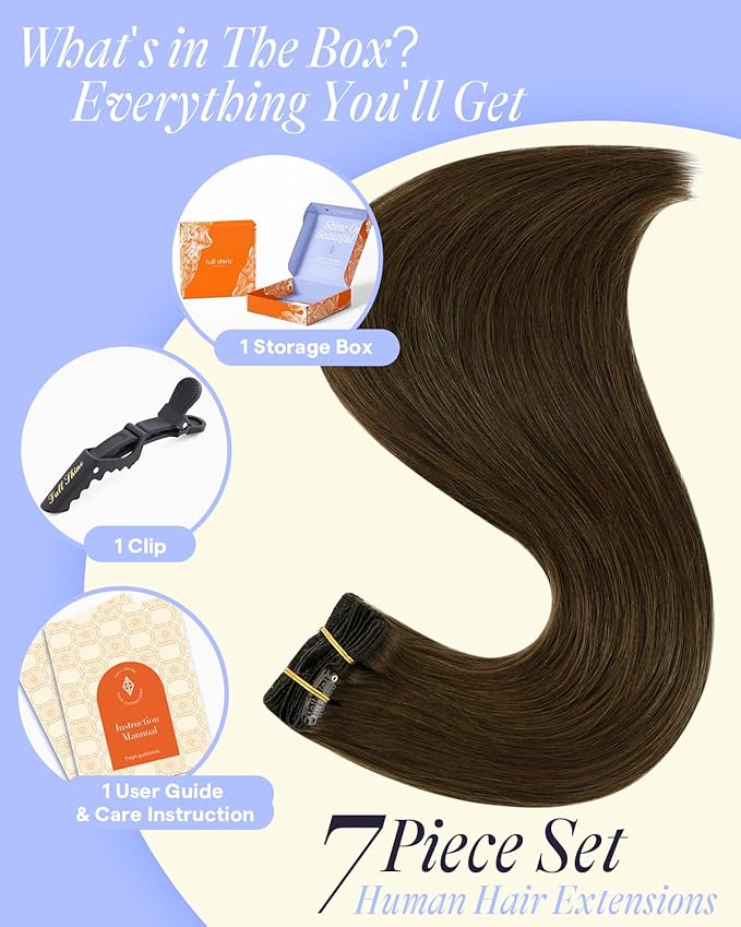 Full Shine Human Hair Extensions Clip ins Medium Brown 150 G Thick Clip in Extensions Chestnut Brown Human Hair Extensions for Thick Hair 20 Inch 7 Pcs