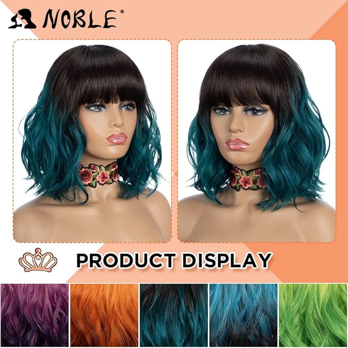 NOBLE Synthetic Curly Bob Wig With Bangs Short Bob Wigs Ombre Brown To Green Color Women's Shoulder Length Wigs Curly Wavy Wig Heat Resistant Colorful Daily Party Wig.