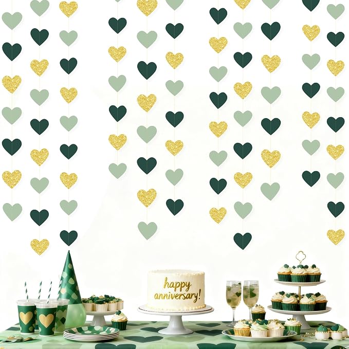 Sage Green and Gold Heart Party Glitter Gold Paper Olive Green Love Heart - Image 7
