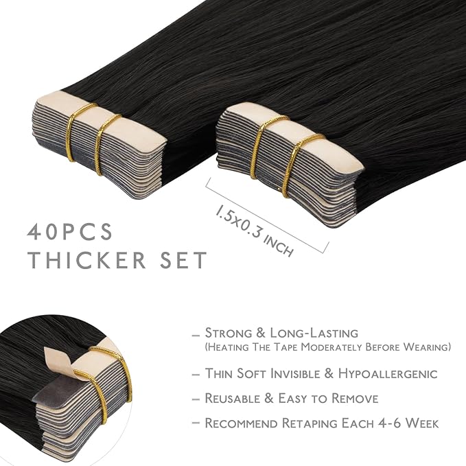 Wennalife Tape in Hair Extensions Human Hair,40pcs 100g 18 inch Natural Black Hair Extensions Real Human Hair Straight Tape in Extensions Invisible Human Hair Extensions Reusable Real Hair Extensions