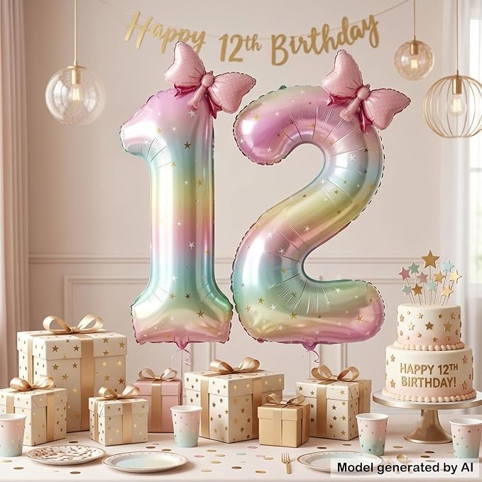 40" Giant Pastel Rainbow Number 12 Balloon Foil Pink Bow Decor Kit | - Image 3