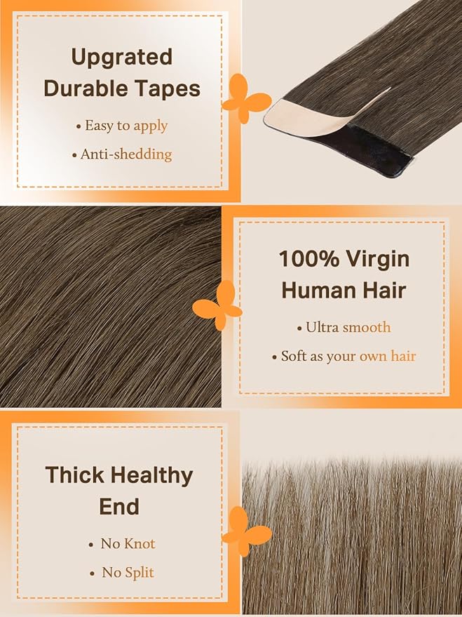 DOORES Light Ash Brown Tape in Hair Extensions - 22 Inch, 30g, 10pcs - Remy Human Hair, Straight, Skin Weft