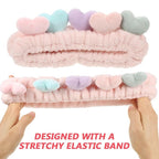 2pcs Heart Design Fuzzy Spa Hairbands for Women Elastic Stretch Makeup Head Wraps Skin-friendly Soft Comfortable Fit for Face Washing and Skincare Routine