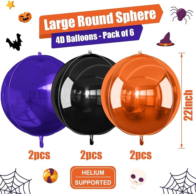 Black Orange Purple Halloween Foil Balloons, 22Inch Big Round Foil Balloon - Image 2