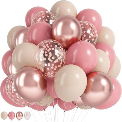 Jobkoo Dusty Blush Pink Balloons, Retro Pink Metallic Chrome Rose Gold Confetti by Jobkoo