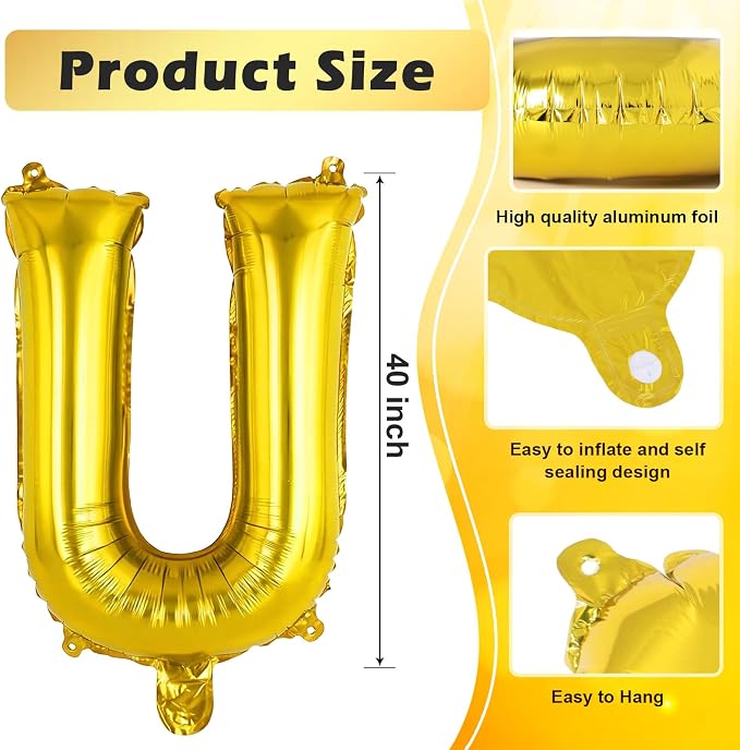 Gold Letter U Balloons, 40 Inch Large Foil Letter Balloons, Custom Phrase - Image 2