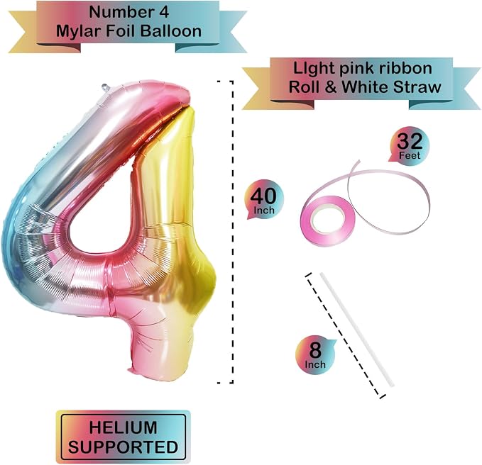 40 Inch Giant Rainbow Number 4 Balloons, Birthday Balloons, Helium Mylar Foil - Image 3