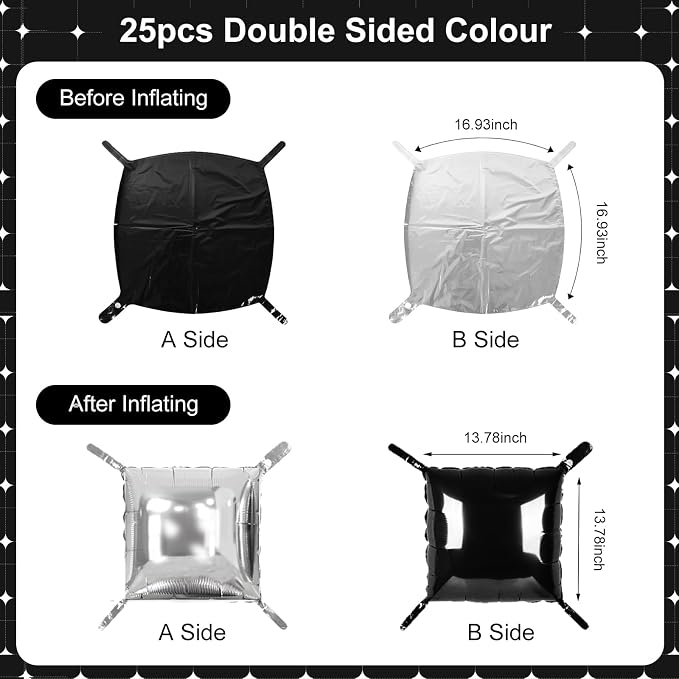 Black and Silver Square Foil Balloons 25 Pcs Metallic Black and Silver Balloons - Image 7