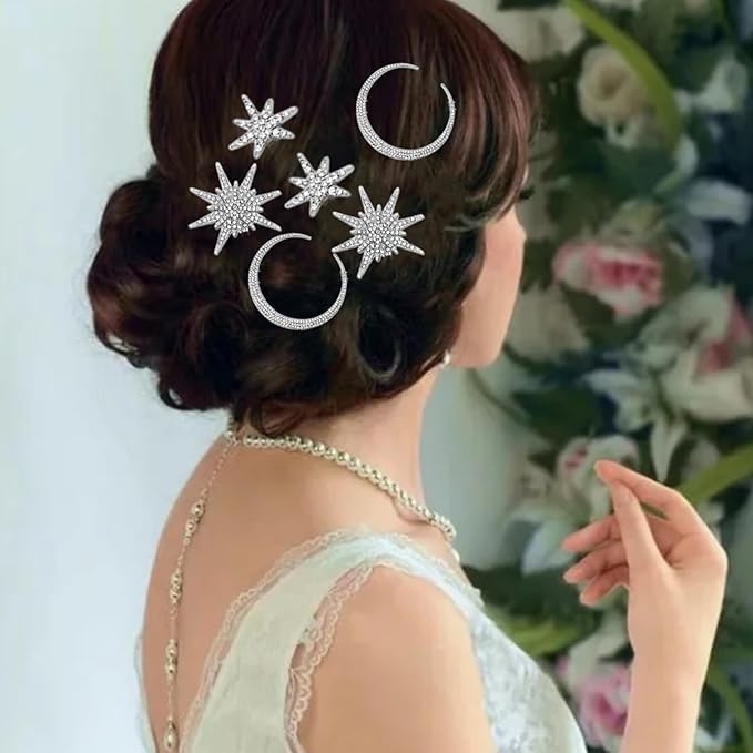 6 Pieces Rhinestone Stars Moon Hair Clips Vintage Star Hairpins Crystal Decorative Bobby Pins Metal Alloy Hair Pins Snowflake Side Clip Hair Accessories for Women Girls (Silver)