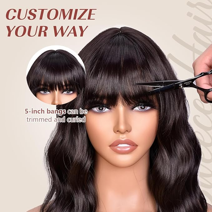 Dark Brown Bob Wig With Bangs Wave Wigs for Women 14 Inch Short Loose Wavy Heat Resistant Synthetic Wig Shoulder Length Hair for Daily and Cospaly Party Use