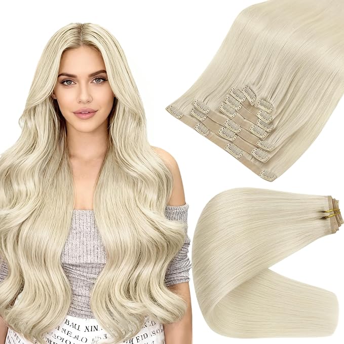 Full Shine Blonde Clip in Hair Extensions Ice Blonde Seamless Hair Extensions Clip in Invisible Hair Extension for Women Straight with PU Weft 20 Inch 8PCS 120G
