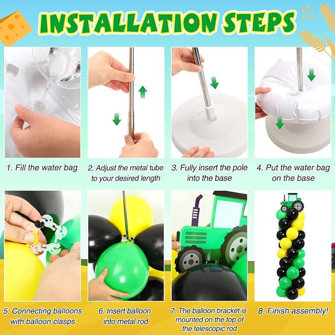 2 Set Tractor Balloon Column Stand Kit Green Yellow Black Balloon Tower - Image 4