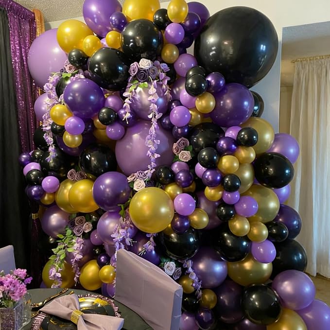 Purple and Gold Balloons, 12 Inch Black Purple and Gold Confetti Balloons - Image 5