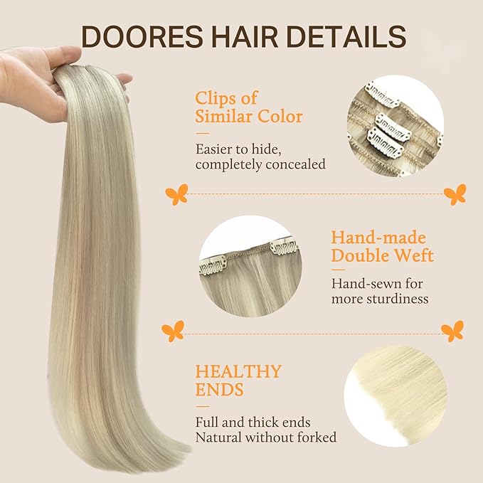 DOORES Hair Extensions Clip in Human Hair, Ash Blonde Highlighted Platinum Blonde 135g 7pcs 16 Inch, Thick Clip in Extensions Remy Natural Straight Weft for Girl
