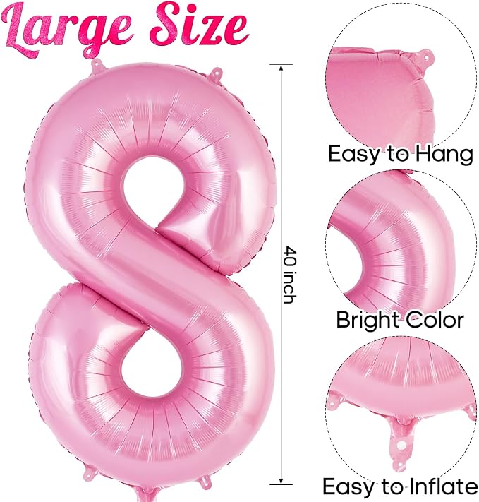 Pink Number 8 Balloon 40 Inch, Big Large Foil Helium Number Balloons, Jumbo - Image 3