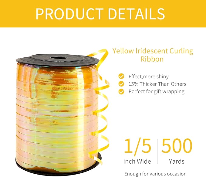 500 Yard Iridescent Yellow Curling Ribbon, 1/5" Wide Holographic Christmas - Image 2