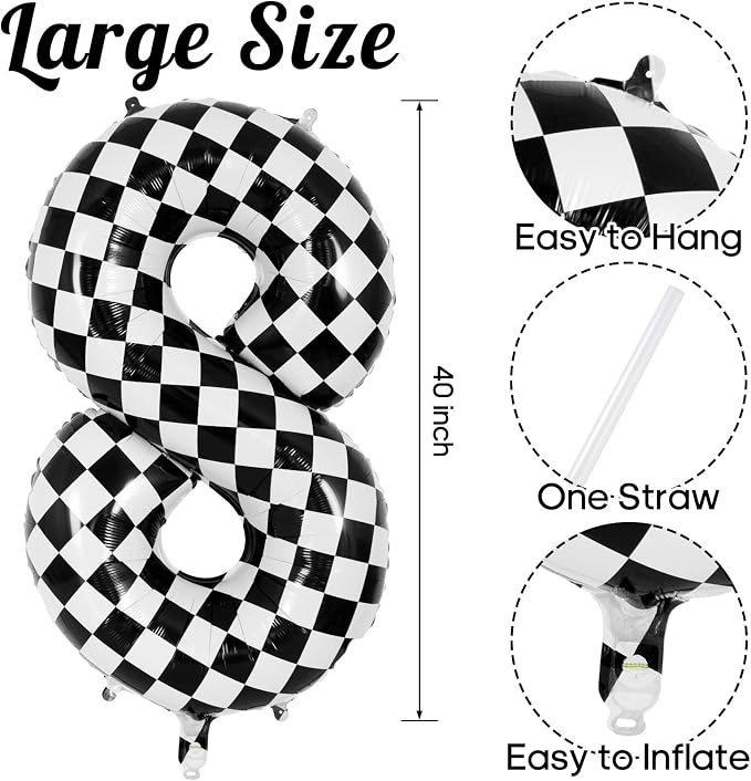 Checkered Number 8 Balloon 40 Inch, Large Foil Black and White Number Balloons - Image 3