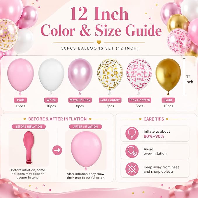 Pink and Gold Balloons, 12 Inch Pink White Metallic Chrome Gold Confetti Pink - Image 3