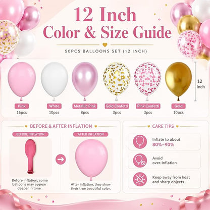 Pink and Gold Balloons, 12 Inch Pink White Metallic Chrome Gold Confetti Pink - Image 3