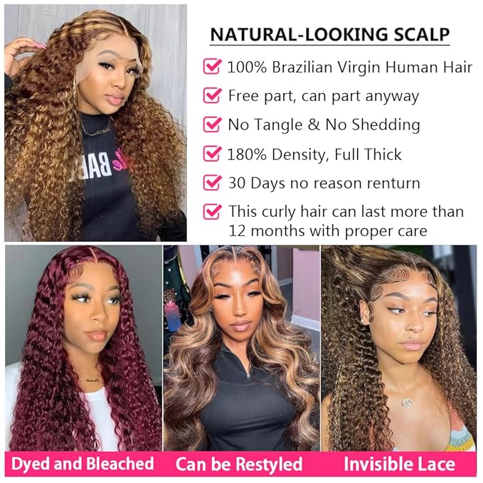 bangjazz 13x4 Deep Wave Lace Front Wigs Human Hair Highlight Ombre 13x4 HD Transparent Lace Frontal Wigs Human Hair 180% Density P4/27 Colored Glueless Curly Wigs for Black Women 16 Inch