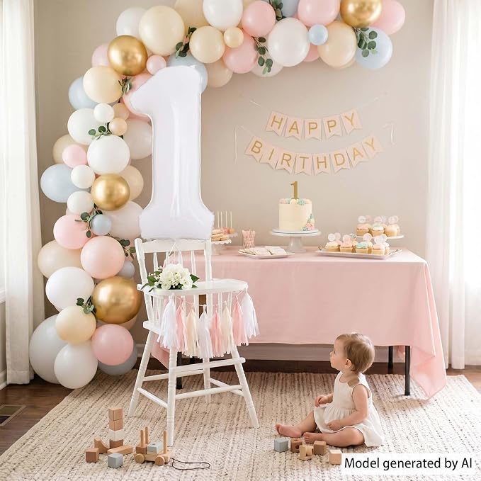 White Number 1 Balloon 40 Inch, Large Foil Mylar 1st Birthday Decorations - Image 6