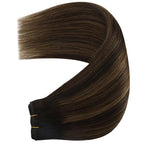 YoungSee Weft Hair Extensions Balayage Sew in Hair Extensions Dark Brown Mix Medium Brown Sew in Hair Extension Real Human Hair Short Straight Hair One Bundle 14In 70G