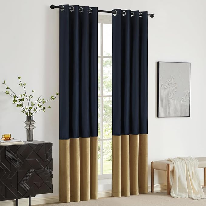 Blue Gold Velvet Blackout Curtains Luxury Decor 120 inches, Color Block | - Image 6