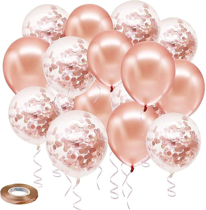 Rose Gold Confetti Latex Balloons, 50 pack 12 inch Birthday Balloons by Hiquaty