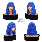 FAELBATY Bright Blue Short Wavy Wig Short Dark Blue Wigs With Air Bangs Shoulder Length Wig For Women Curly Wavy Synthetic Wig Halloween Cosplay Wig for Girls Costume Wigs (12" Bright Blue)