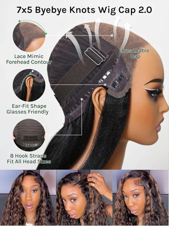 KLAIYI Golden Brown Water Wave Bye Bye Knots Glueless Wig Human Hair Highlight 7x5 Precut Lace Front Pre Plucked Bleached Ombre 3S Ready to Wear Go Beginners Wig with Dark Roots Deep Curly Wave 24Inch