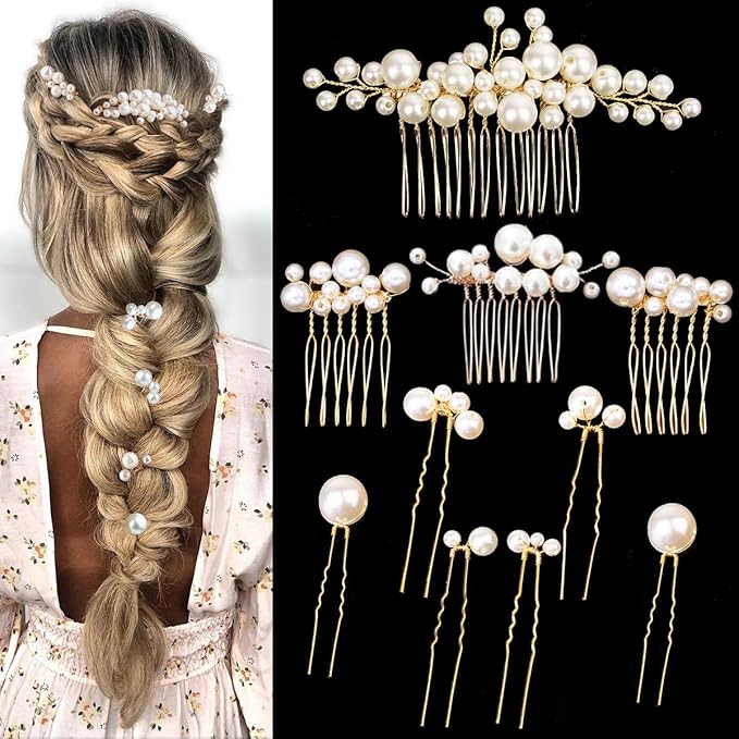10PCS Gold Wedding Bridal Hair Combs Pearl Hair Pins Clips Vintage Hair Headpiece Jewelry for Bridesmaids Brides Flower Girls Hair Accessories