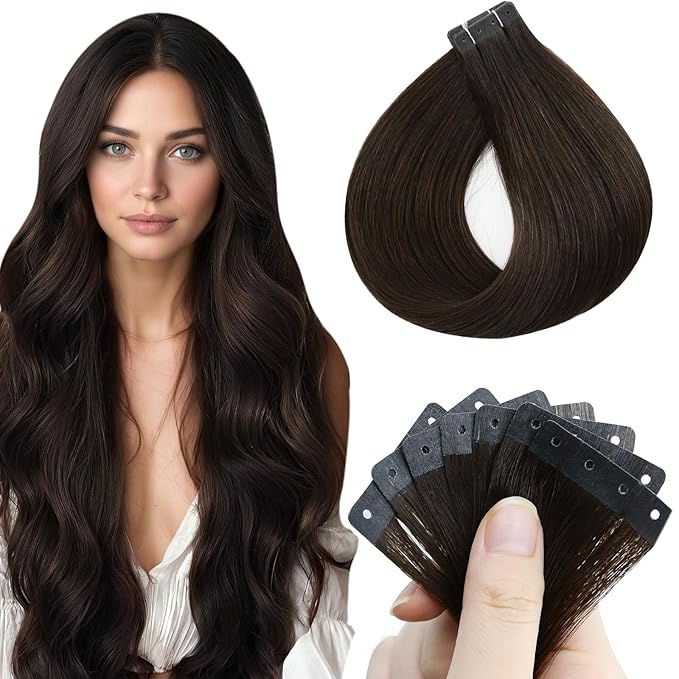 Full Shine Tape in Hair Extensions Color 2 Dark Brown 20PCS Tape Extensions Human Hair 50G 22INCH Invisible Seamless Skin Weft for Women Soft Remy Hair Extensions No Glue No Clips