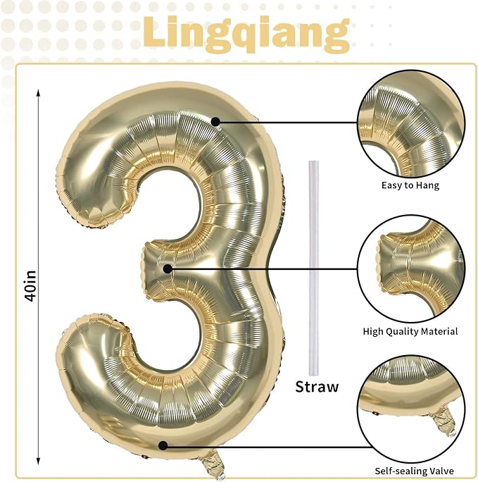 Champagne Gold Number 3 Balloons, 40 Inch Giant Light Gold Helium Foil Number - Image 2