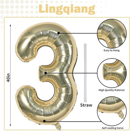 Champagne Gold Number 30 Balloons, 40 Inch Light Gold Foil Number 3 & 0 Balloons - Image 2