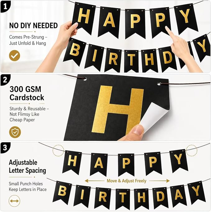 Black Happy Birthday Banner Sign - Image 3
