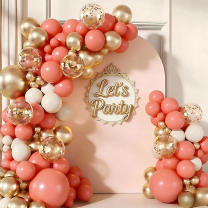 Coral Red White Gold Balloon Garland Arch Kit by Unknown