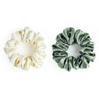 22 Momme 100% Mulberry Silk Scrunchies (2 Pack, Cream White, Olive Green), Well-Hold Elastic for No-Damage, Soft Hair Ties, 6A Grade, OEKO-TEX Certified, Reduces Frizz & Breakage