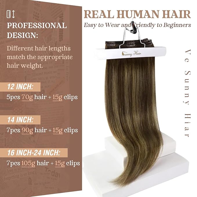 Ve Sunny Brown Clip in Hair Extensions Real Human Hair Balayage Clip in Human Hair Extensions Brown with Caramel Blonde Clip on Hair Extensions for Women 16inch 120g 7pcs