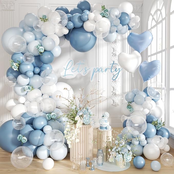 Dusty Blue Balloon Arch Kit 155Pcs Light Blue and White Clear Balloons by Futureferry
