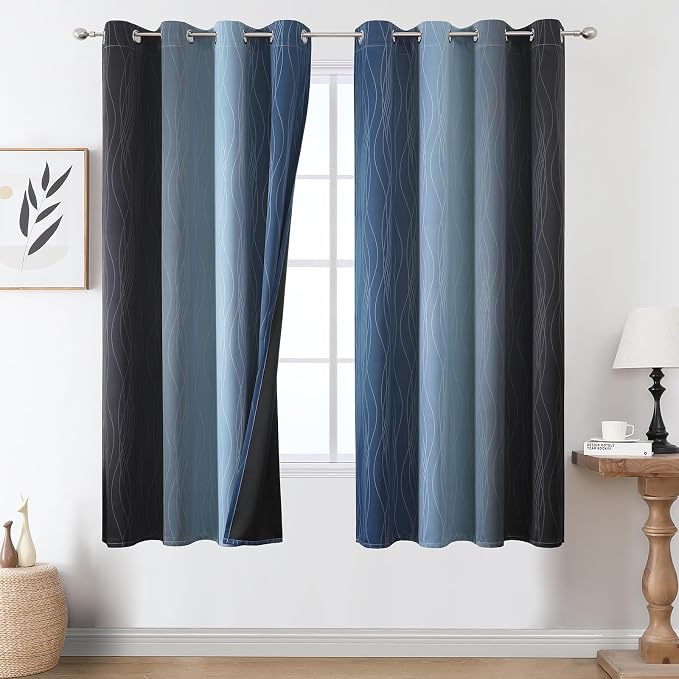 Navy Blue and Black Ombre Blackout Curtains 63 Inch Length 2 Panels Set by ESTELARTEXTILER