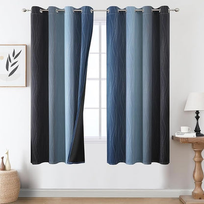 Navy Blue and Black Ombre Blackout Curtains 63 Inch Length 2 Panels Set by ESTELARTEXTILER