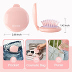 RHOS Folding Brush with Mirror for Women, Girls - Compact Pocket Portable Hair Brush with Soft Nylon Bristles for Purse and Travel (Pink)