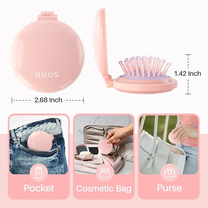 RHOS Folding Brush with Mirror for Women, Girls - Compact Pocket Portable Hair Brush with Soft Nylon Bristles for Purse and Travel (Pink)