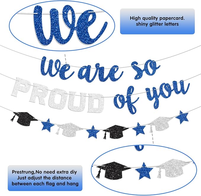 We Are So Proud of You Banner Prestrung Blue and Silver Graduation Banner - Image 3