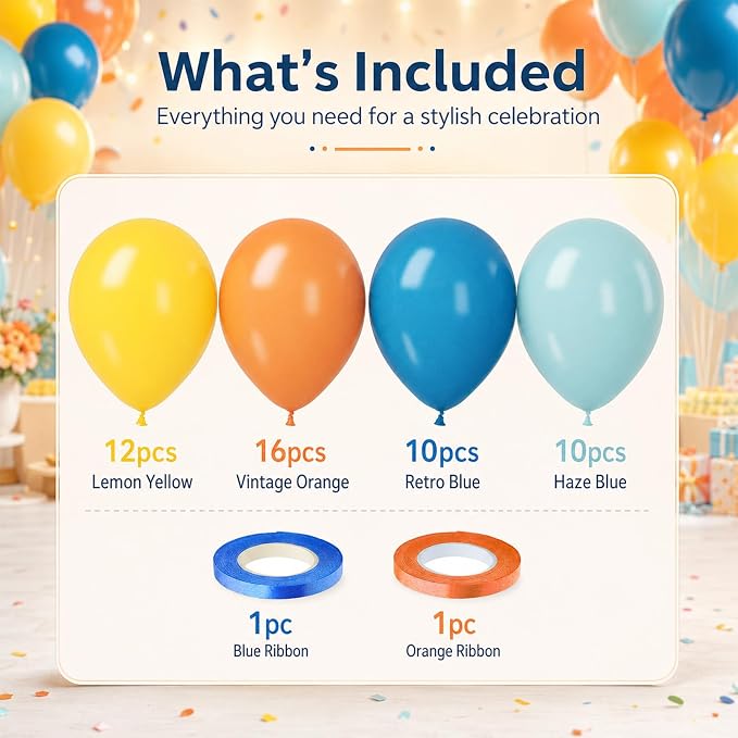 Retro Blue Yellow Orange Balloons, 12 Inch here come balloon Blue and Orange - Image 3