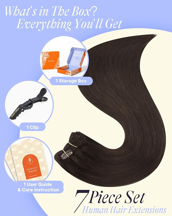 Full Shine Clip in Hair Extensions Real Human Hair Dark Brown 150 G Straight Dark Brown Human Hair Clip ins 24 Inch Invisible Triple Weft Brunette Hair Extensions for Thin Hair 7 Pcs
