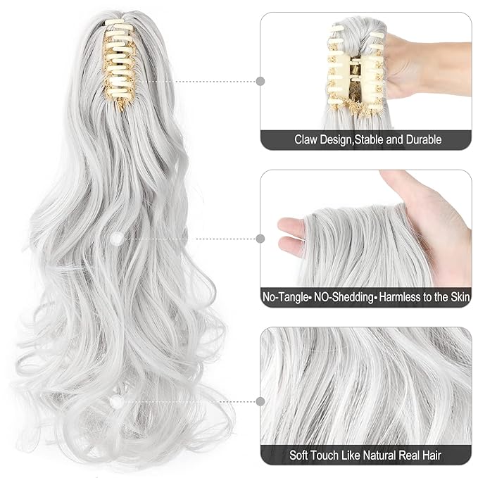Claw Clip Ponytail Extension 18" Clip in Wavy Ponytail Hair Extensions Long Pony Tails for Women Extensions Silver Grey Wave Hairpiece
